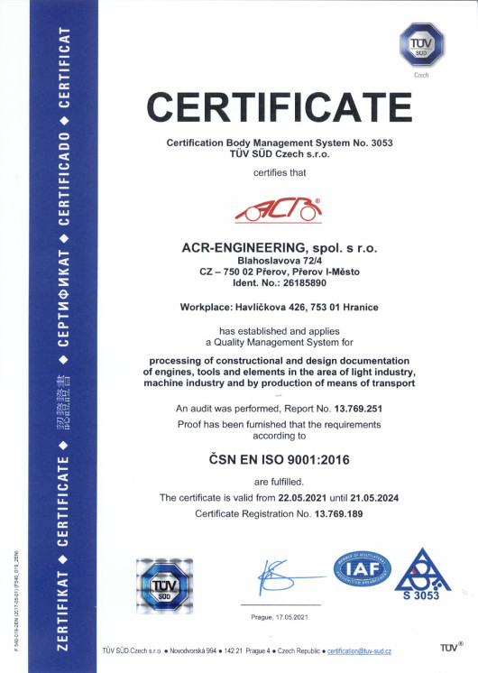 Certifikát ISO 9001 ACR-Engineering